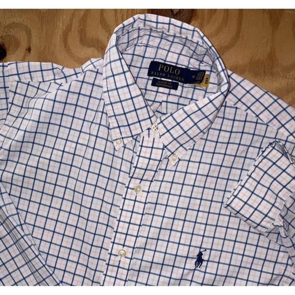 Polo Ralph Lauren Medium Classic Fit Performance Plaid Button Down White Stretch
